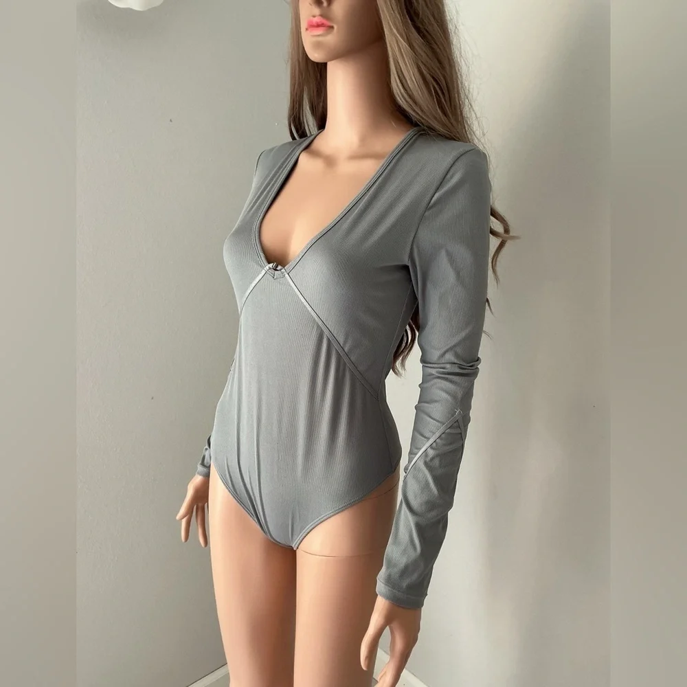 Free People Light Blue Long Sleeve Bodysuit